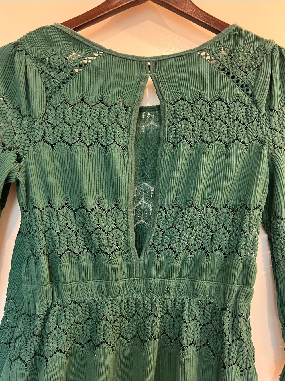 FP Fire Island Green Crochet Lace 3/4 Sleeve Blouse XS Drawstring Waist Boho - Picture 6 of 7